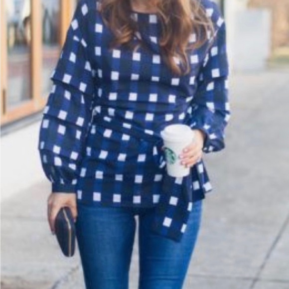 Banana Republic Navy Gingham Tuck Sleeve Tie Waist Blouse Small - Picture 3 of 14